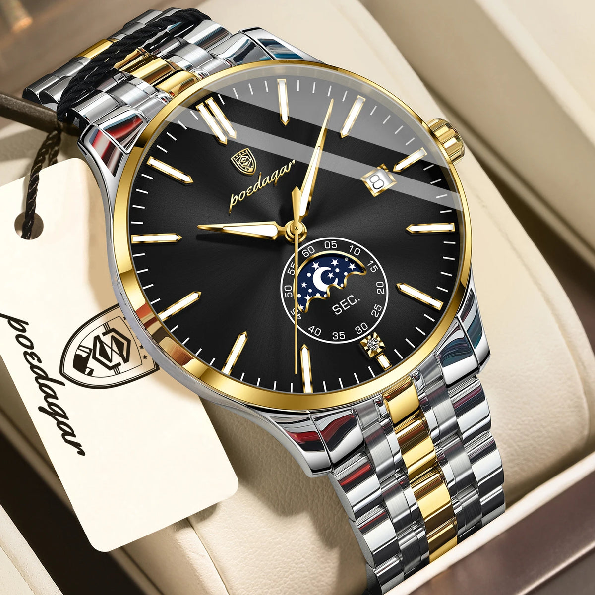 POEDAGAR luxury men’s watch, casual style, stainless steel, quartz, water-resistant, luminous, with date, elegant.