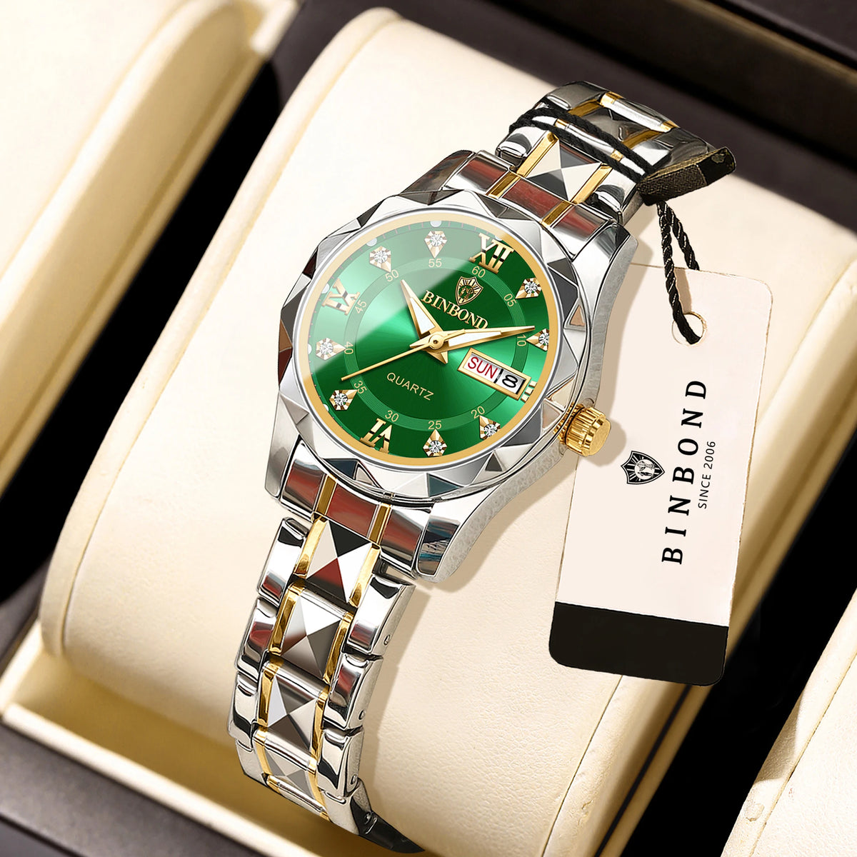 BINBOND ladies’ watch: a robust, luxurious, luminescent and water-resistant quartz watch, featuring an accurate date and day-of-the-week display.