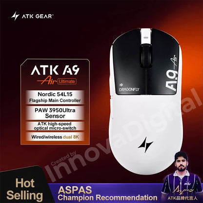 ATK Dragonfly A9 Ultimate brezžična gaming miška A9 Air PAW3950, ultralahka ergonomska e-športna miška za igričarje FPS CSGO A9 Ultra