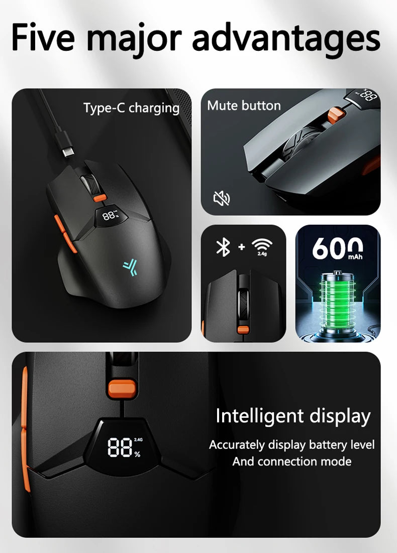 Mouse gaming wireless Warvank SX01 con display smart, regolazione DPI a 6 velocità, batteria ricaricabile da 600mAh, mouse Bluetooth silenzioso per ufficio