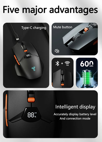 Mouse gaming wireless Warvank SX01 con display smart, regolazione DPI a 6 velocità, batteria ricaricabile da 600mAh, mouse Bluetooth silenzioso per ufficio