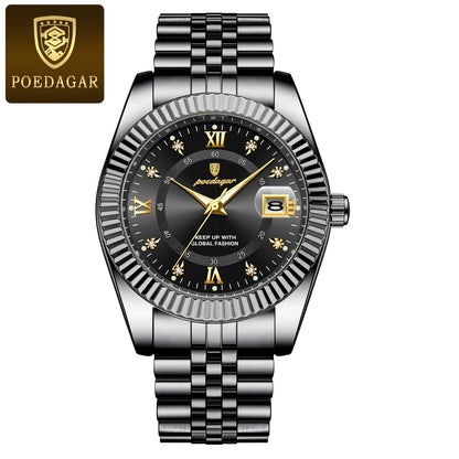 Reloj para hombre POEDAGAR: modelo de lujo, resistente al agua, de acero inoxidable, con pantalla luminiscente, estilo militar, función de fecha, mecanismo de cuarzo, ideal para el trabajo o para ocasiones profesionales.