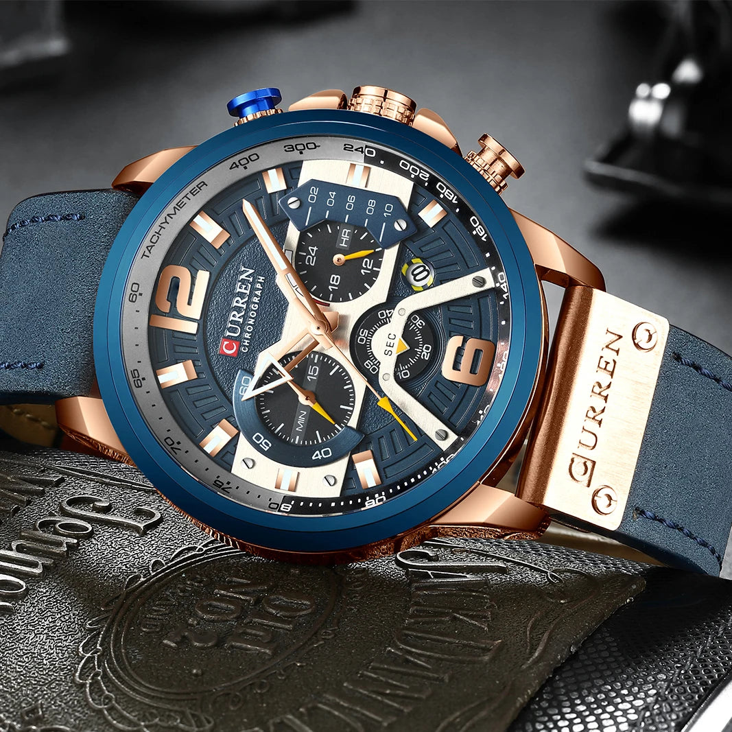 CURREN 8329 Men’s Watch – Casual sporty style, military-inspired design, leather strap, trendy chronograph, luxury watch from a leading brand