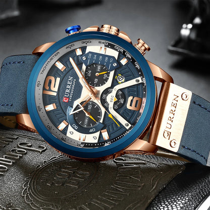 CURREN 8329 Men’s Watch – Casual sporty style, military-inspired design, leather strap, trendy chronograph, luxury watch from a leading brand