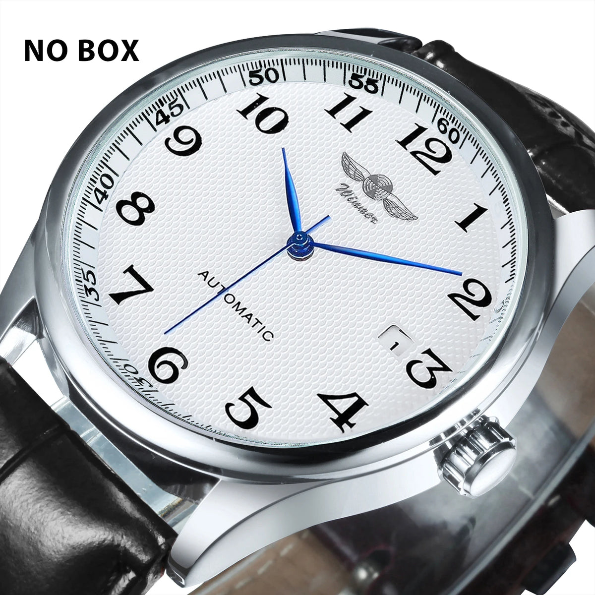 Herrklocka WINNER – Klassisk, retro och elegant stil – Mekanisk automatisk klocka med kalender – Lyxmärke, boett i stål och läderarmband