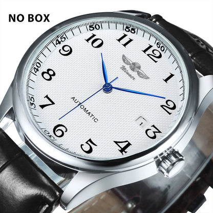 Herrklocka WINNER – Klassisk, retro och elegant stil – Mekanisk automatisk klocka med kalender – Lyxmärke, boett i stål och läderarmband