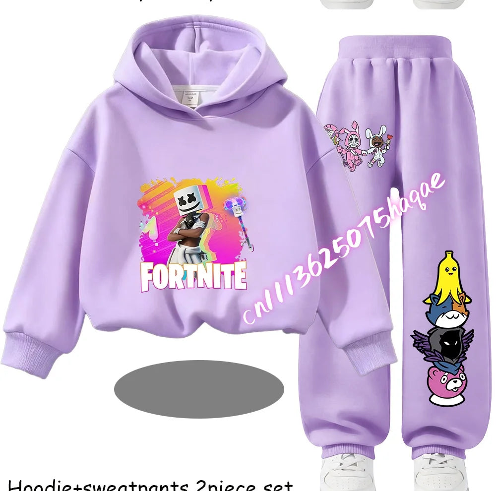 Fortnite-bedruckte Kinder-Hoodies, Cartoon-Design, bequemes 2-teiliges Set, locker sitzende Langarm-Oberteile mit Hose, Herbst-/Winterkleidung, Geschenk