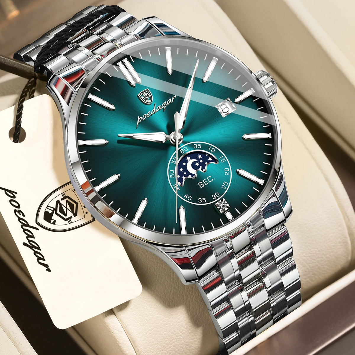 POEDAGAR luxury men’s watch, casual style, stainless steel, quartz, water-resistant, luminous, with date, elegant.