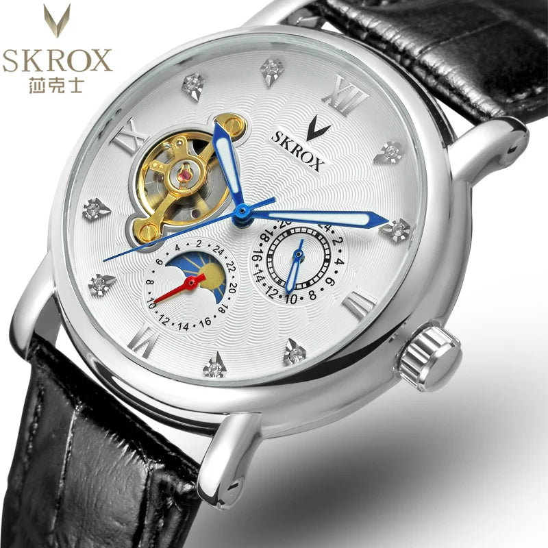 Luxus automatikus mechanikus férfi karóra, egy neves márka aláírásával, tourbillon-nal, holdfázis-kijelzővel és gyémántokkal díszítve – egy elegáns karóra.