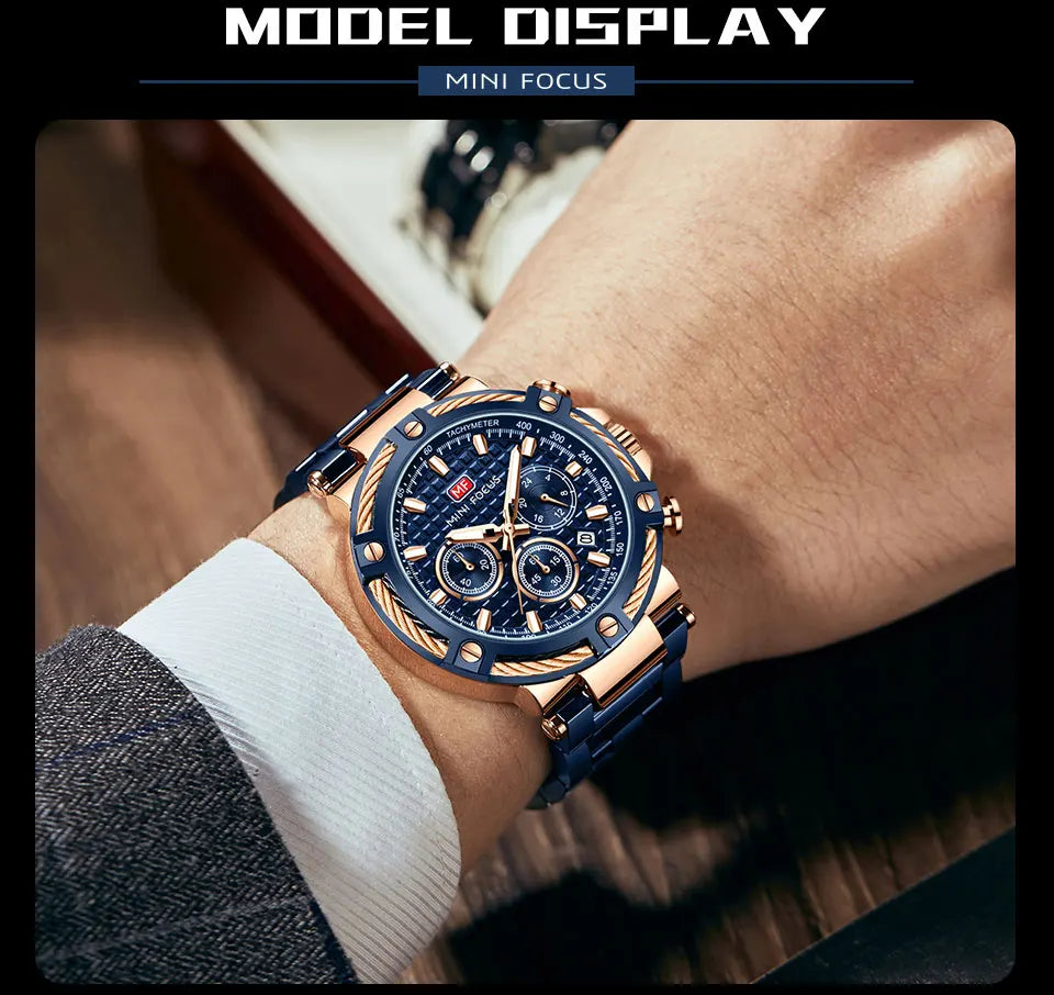 MINI FOCUS Black Stainless Steel Quartz Watch Men Fashion Luminous Dress Wristwatch with Date 24-hour Display Chronograph 0470