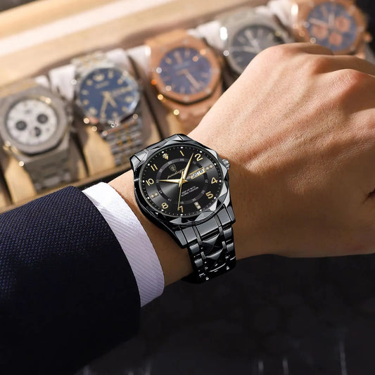 POEDAGAR Fashion Luxury men’s watch, water-resistant, luminous, quartz, stainless steel strap, date and day of the week, casual style.
