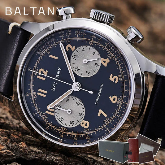 Baltany S5034 39mm Chronograph Watch Men's Sapphire Crystal Panda Dial Stainless Steel Super Luminous Vintage Quartz Wristwatches