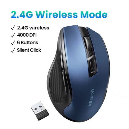 Rato sem fios UGREEN Bluetooth 5.0 ergonómico 4000DPI com 6 botões silenciosos para MacBook, tablet, portáteis, computador e PC, rato 2.4G