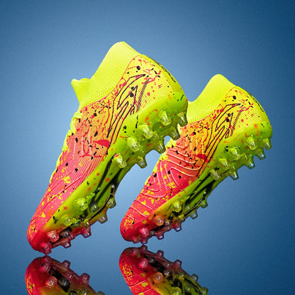 Chaussures de football pour hommes, crampons pour terrain en gazon, protection renforcée de la cheville, semelle intérieure absorbant les chocs, pour terrains en gazon naturel dur et légèrement artificiel.