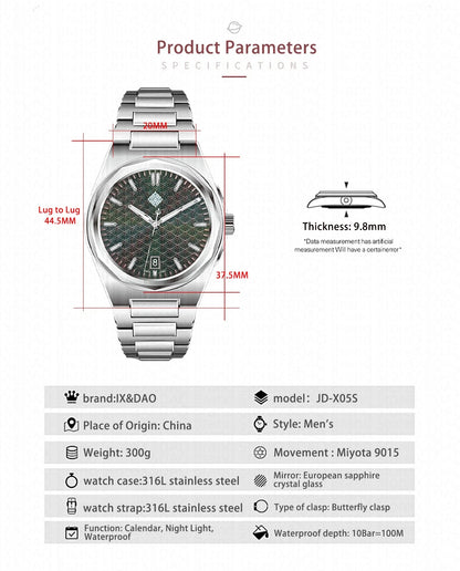 IX&DAO 2025 New 37mm Warrior Men's Automatic Mechanical Watch Miyota 9015 Movement Sapphire Stainless Steel Waterproof 10Bar BGW