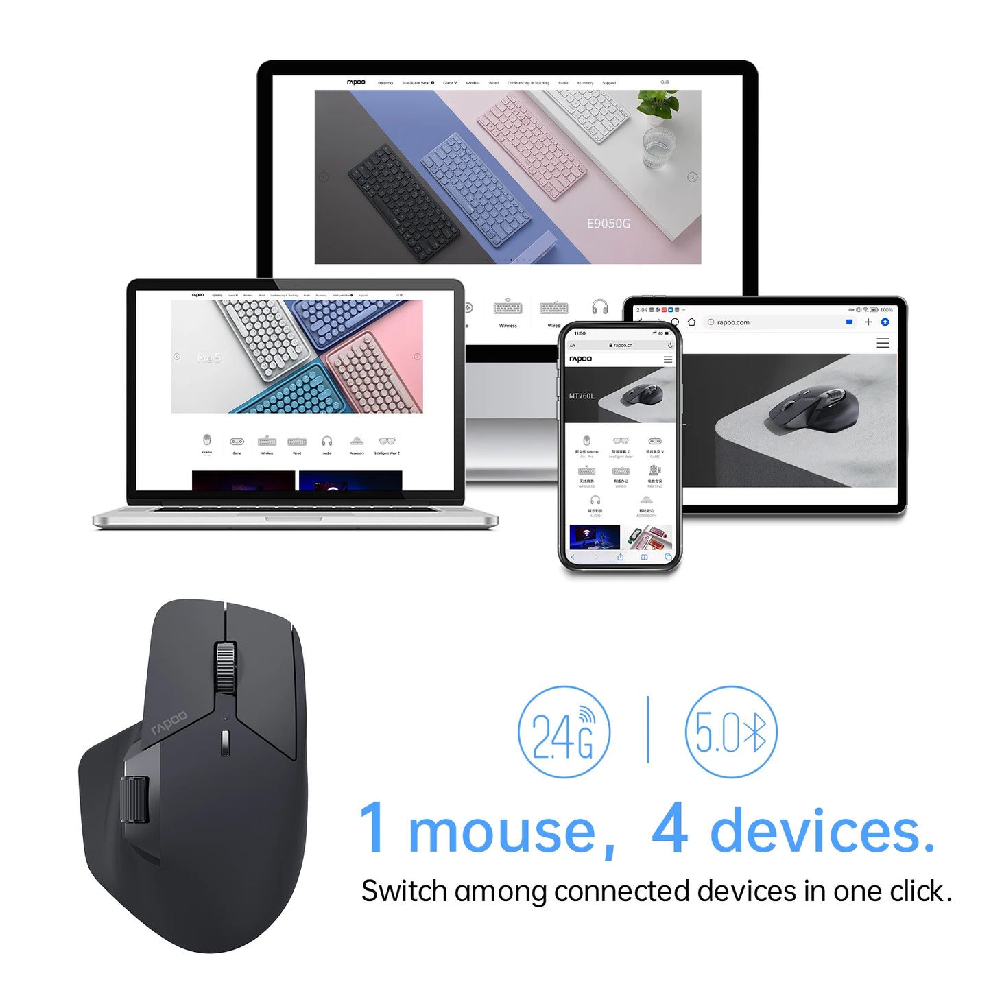 Mouse wireless ricaricabile multimodale Rapoo MT760L/MT760M, ergonomico, 4000 DPI, supporto fino a 4 dispositivi, Bluetooth
