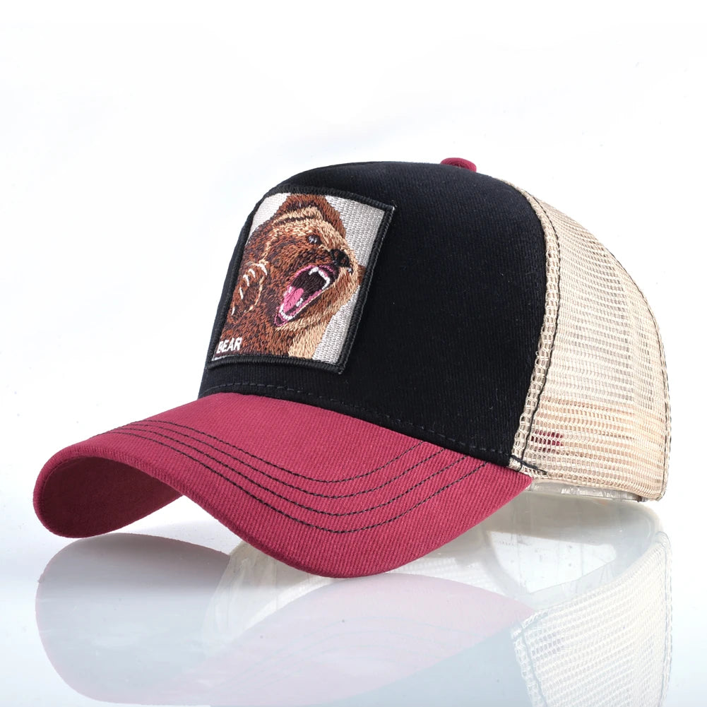 Four Seasons Snapback Baseball Cap Men Fashion Bear Embroidery Hip Hop Hat Women Outdoor Breathable Mesh Trucker Hat