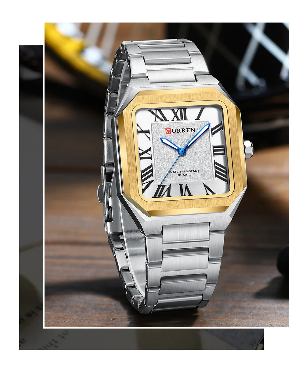 CURREN Vintage Square Design Dial with Roman Numeral Classic Business Dress Quartz Watch for Men with Luminous Hands 8482