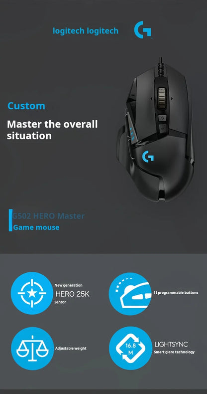 Ratón gaming con cable Logitech G502 HERO de alto rendimiento, sensor HERO 25K, 25,600 DPI, RGB, pesos ajustables, 11 botones, ratón para PC/Mac