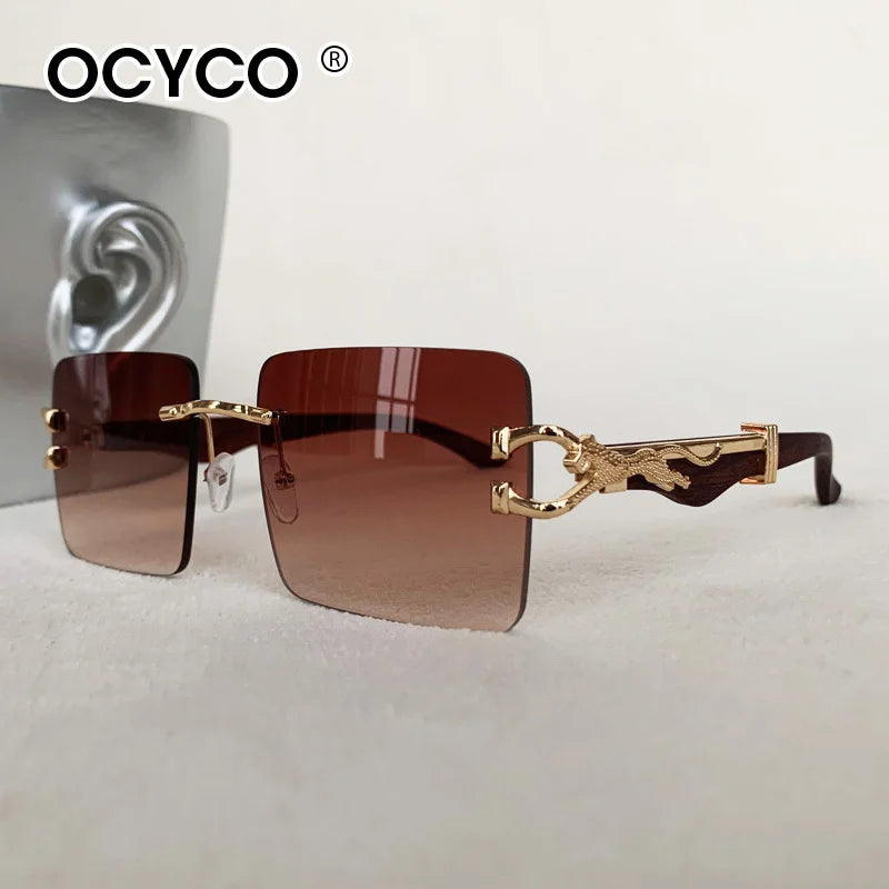 Fashion Rimless Square Sunglasses For Man Leopard Design Gradient Sun Glasses Woman Luxury Outdoor Eyewear UV400