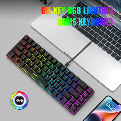 Tragbare HXSJ V200 68-Tasten-Gaming-Tastatur mit koreanischem Layout, 65%, kabelgebundene Office-Membrantastatur mit RGB-Hintergrundbeleuchtung für Desktop-PCs und Laptops