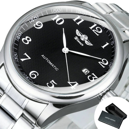 Herrklocka WINNER – Klassisk, retro och elegant stil – Mekanisk automatisk klocka med kalender – Lyxmärke, boett i stål och läderarmband