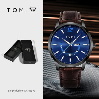 Orologio al quarzo TOMI, dallo stile elegante e professionale, con cinturino in pelle, cassa in lega e quadrante con lancette – Design di alta gamma, idea regalo per uomo