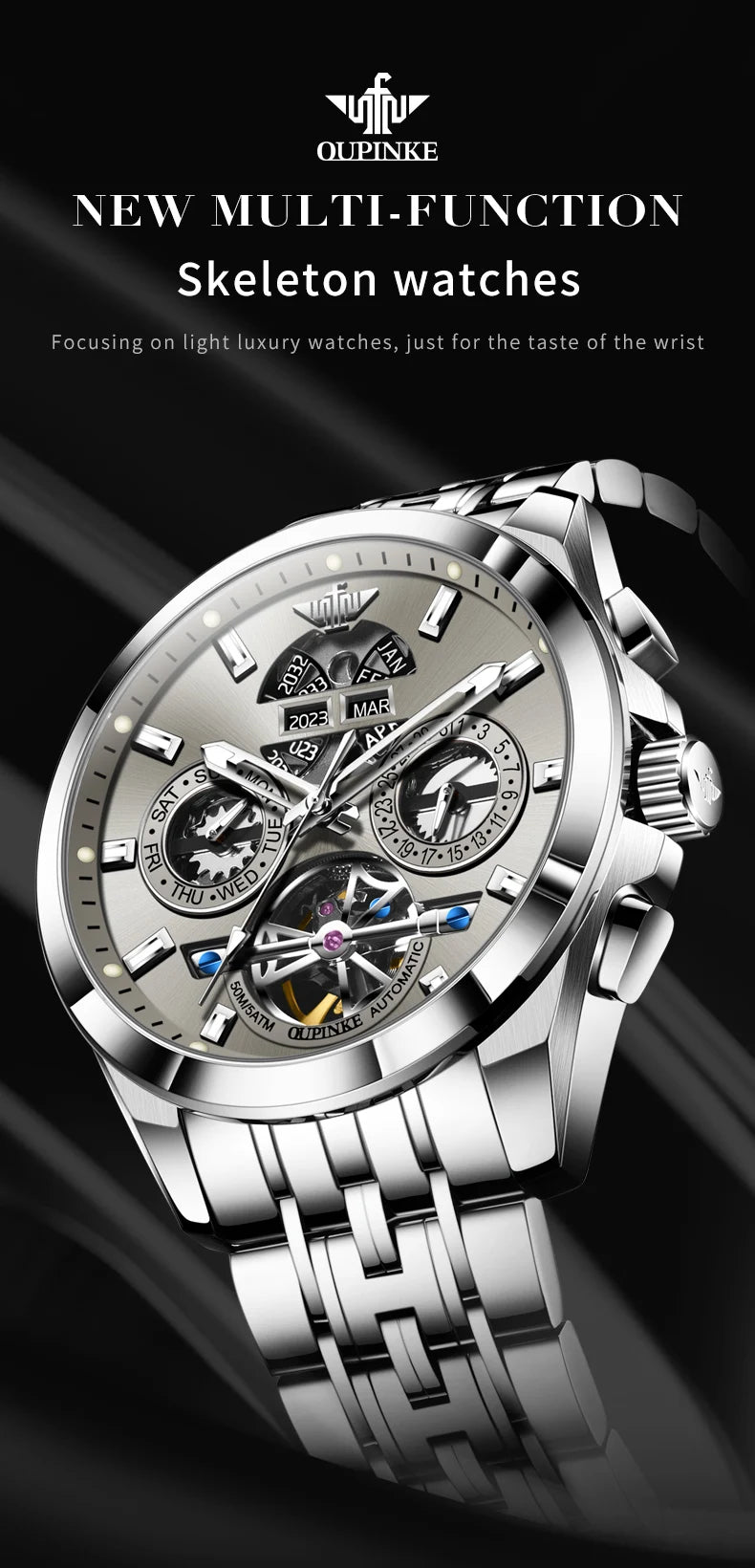 OUPINKE 3251 Watch For Men Auto Date Hollow Skeleton Luxury Automatic Mechanical Hand Clock Top Brand Waterproof Man Watches