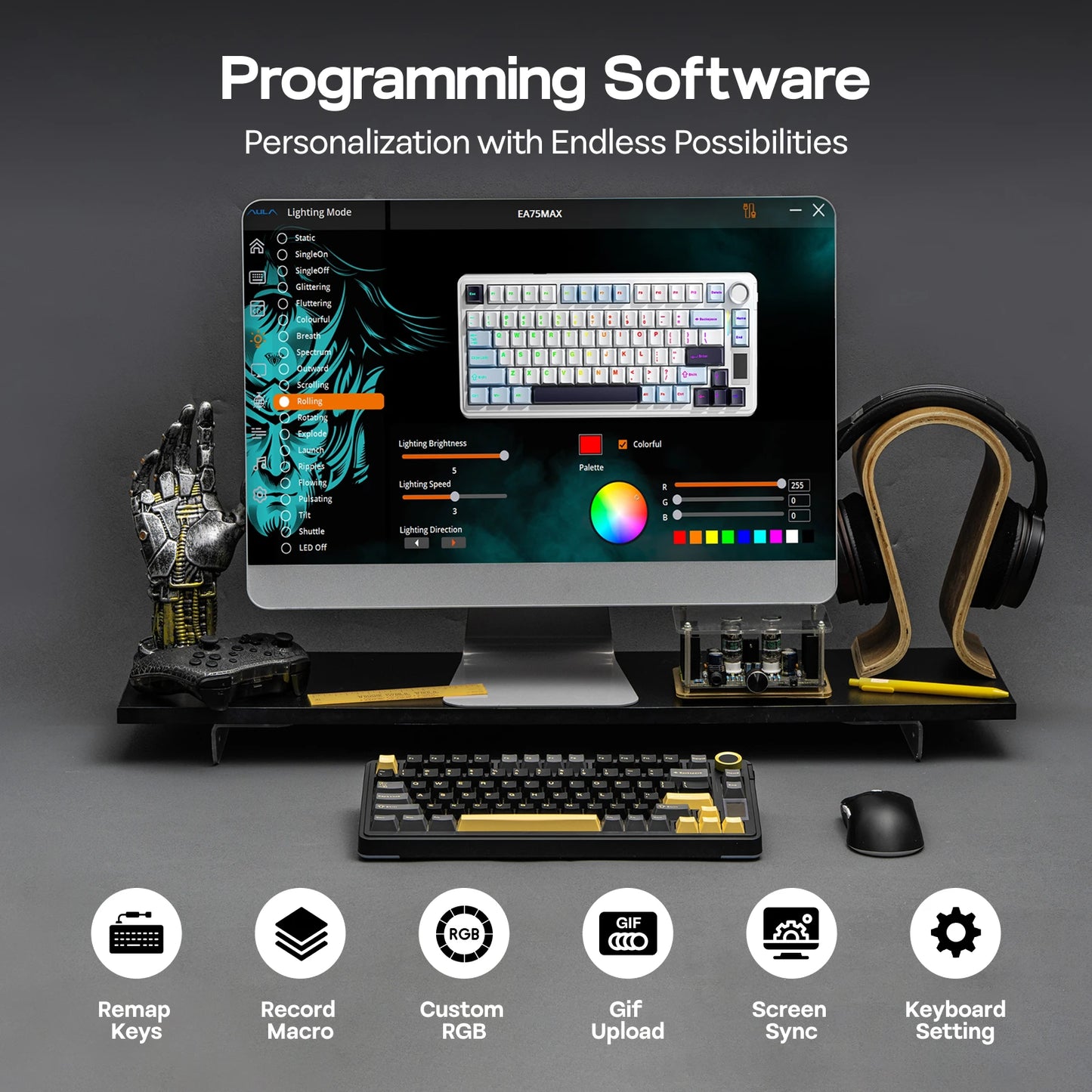 EPOMAKER X AULA EA75 MAX 75% ANSI-US-Layout Hot-Swap-Gasket kabelgebundene/BT/2.4GHz kabellose mechanische Tastatur mit Display & Drehregler
