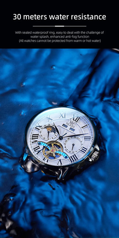 OLEVS 7013 Men's Watch Fashion Moon Phase Mechanical Watch For Men Waterproof Roman Scale Hollow Flywheel Automatic Hand Clock