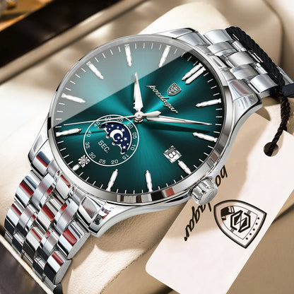 POEDAGAR luxury men’s watch, casual style, stainless steel, quartz, water-resistant, luminous, with date, elegant.