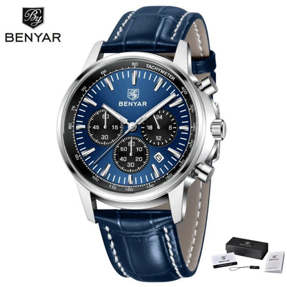 Benyar luxury men’s watch – Chronograph with date, leather strap, water-resistant, luminescent, sporty and military style, quartz watch