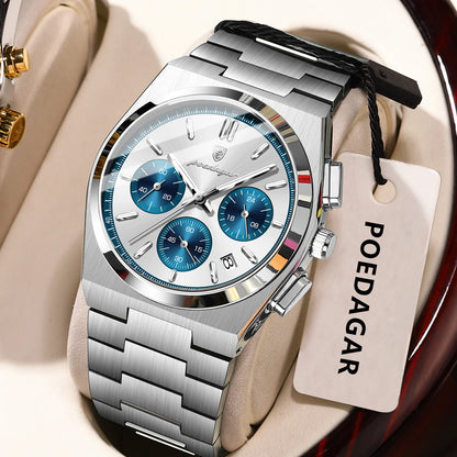 POEDAGAR Men’s Watch – Luxury stainless steel chronograph, with date, water-resistant and luminescent – Sporty quartz wristwatch