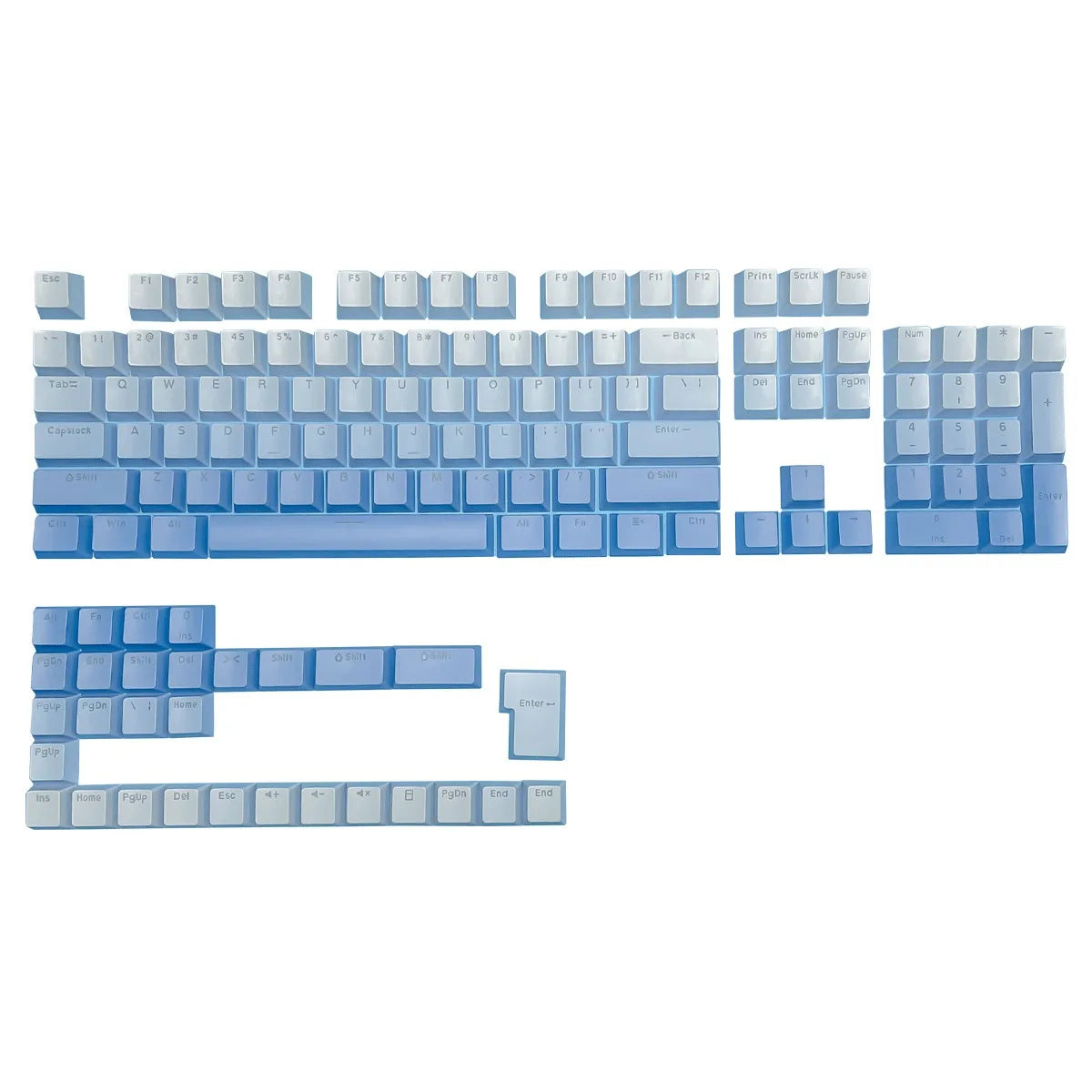 Teclas gamer RGB con retroiluminación degradada para teclado mecánico con interruptores MX, perfil OEM, PBT, blanco y azul, distribución ISO, teclas DIY
