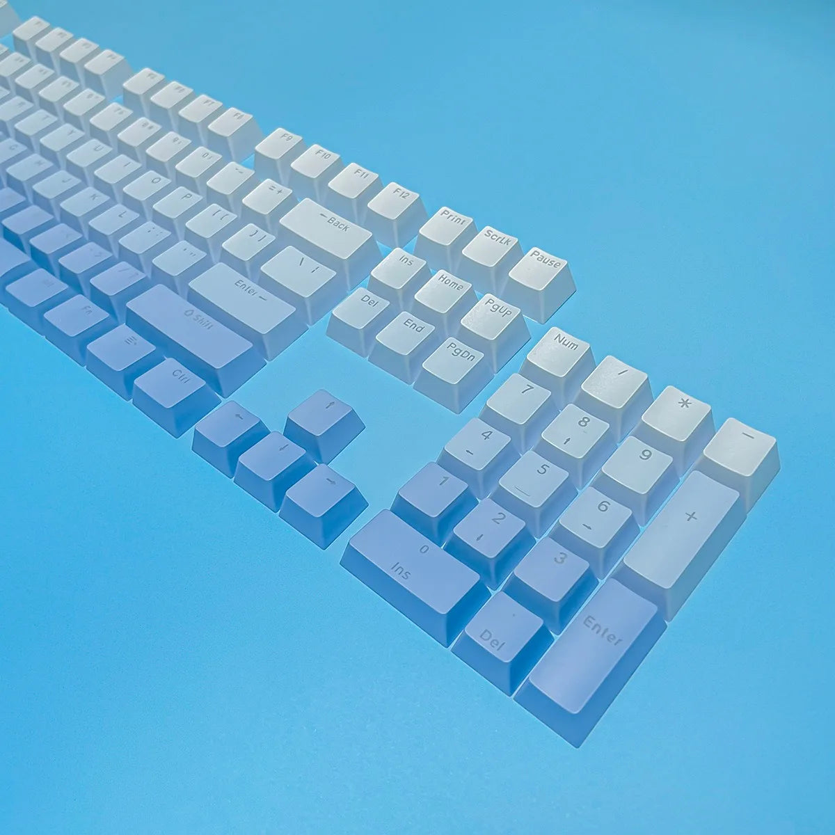 Teclas gamer RGB con retroiluminación degradada para teclado mecánico con interruptores MX, perfil OEM, PBT, blanco y azul, distribución ISO, teclas DIY