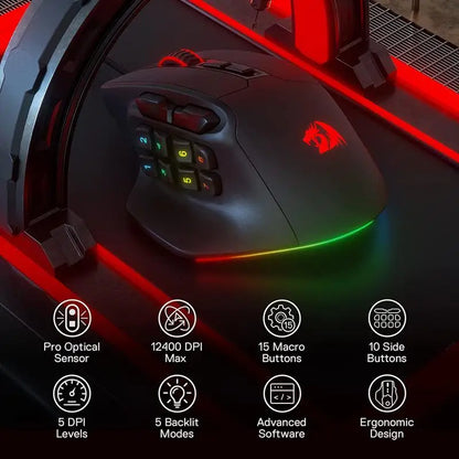 Herní myš Redragon M811 Aatrox MMO, kabelová RGB myš pro hráče s 15 programovatelnými tlačítky a ergonomickým přirozeným úchopem