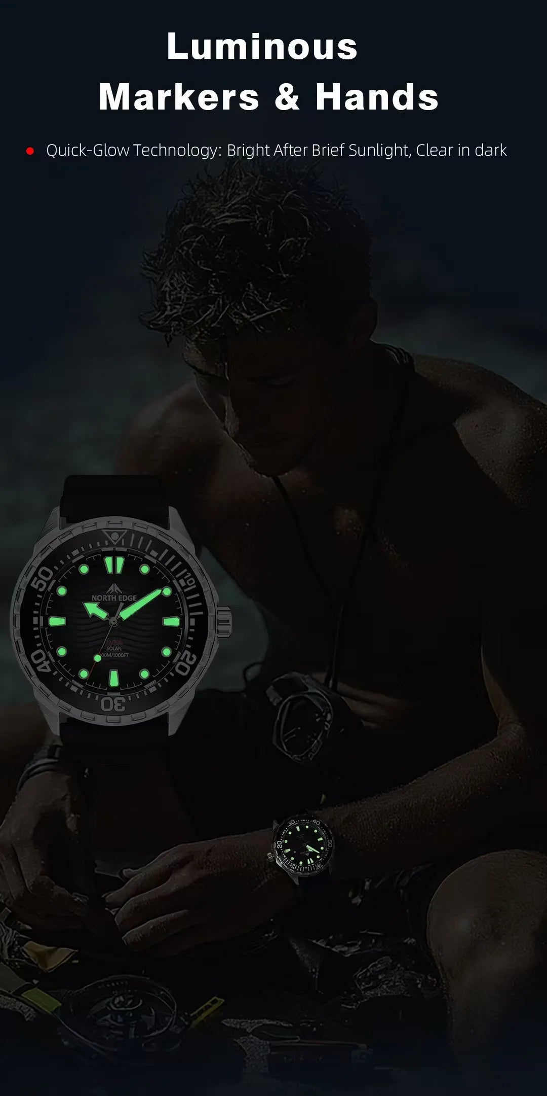 Stainless Steel Diving Watch Solar Energy Driven Quartz Watch Outdoor Waterproof Long Battery Life Rotatable Chronograph Ring