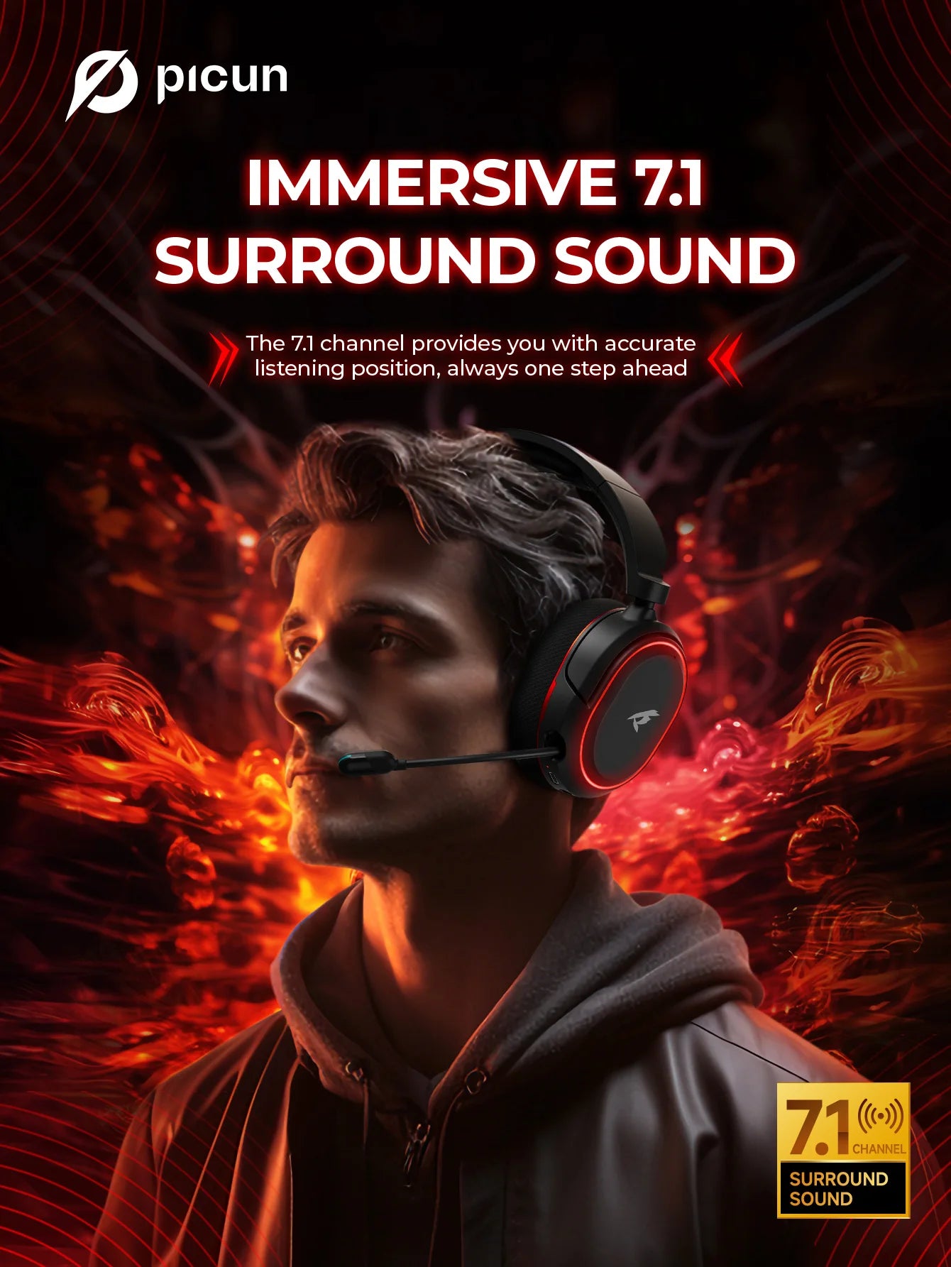 Auscultadores Gaming Sem Fios Picun G2 Bluetooth 5.3 – Som Surround 7.1, Microfone ENC, Bateria de 100H, Auscultadores de Baixa Latência para PC, PS5, PS4, Switch e Mobile