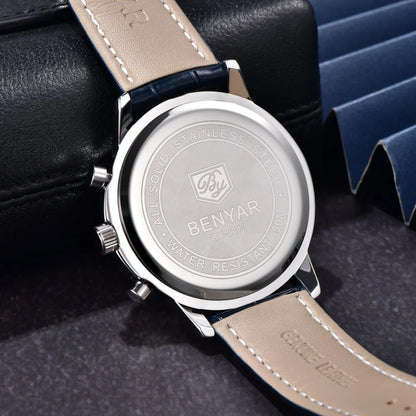 Benyar luxury men’s watch – Chronograph with date, leather strap, water-resistant, luminescent, sporty and military style, quartz watch