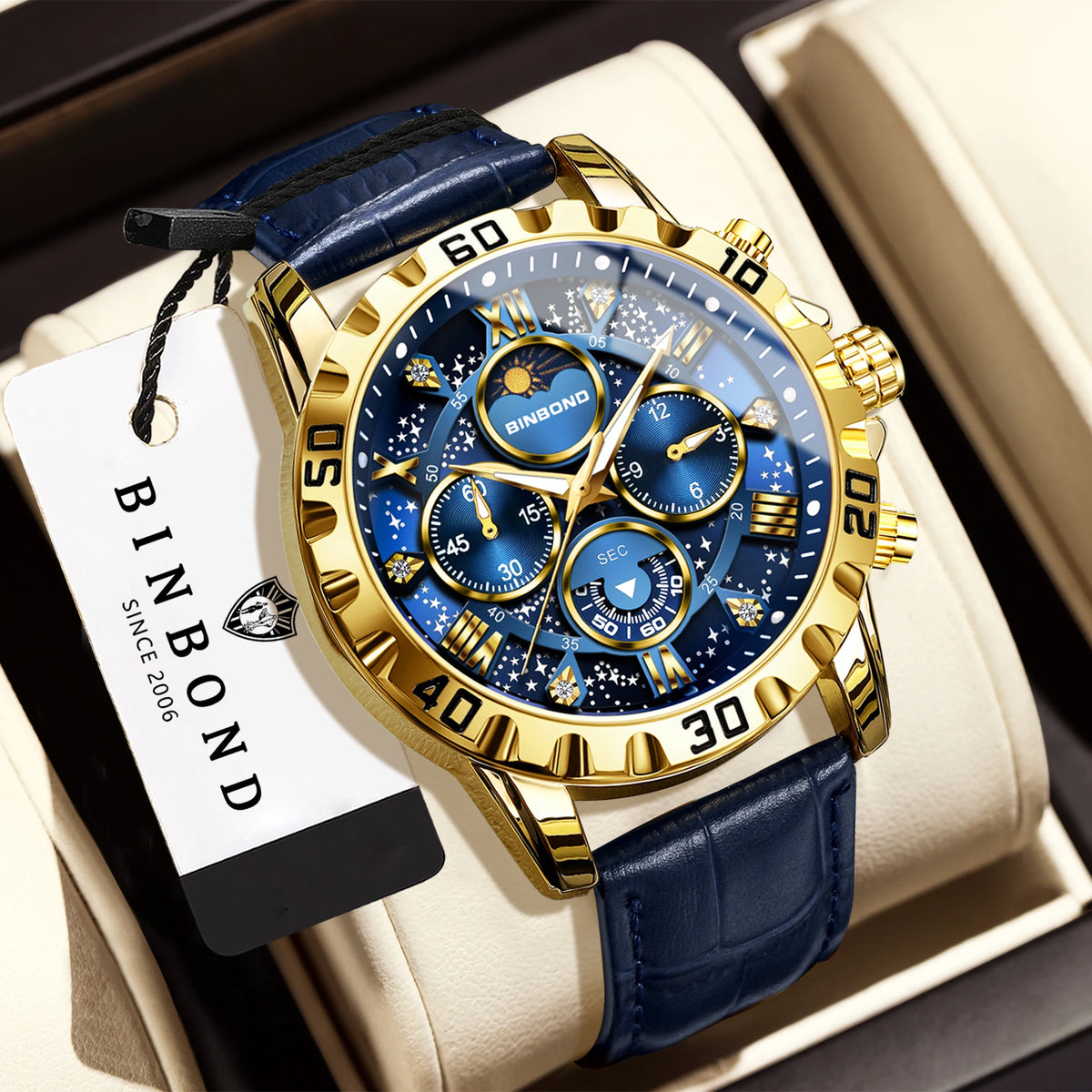 Authentic and accurate BINBOND quartz wristwatch for men, a luxury, water-resistant chronograph with a luminous display and leather strap.