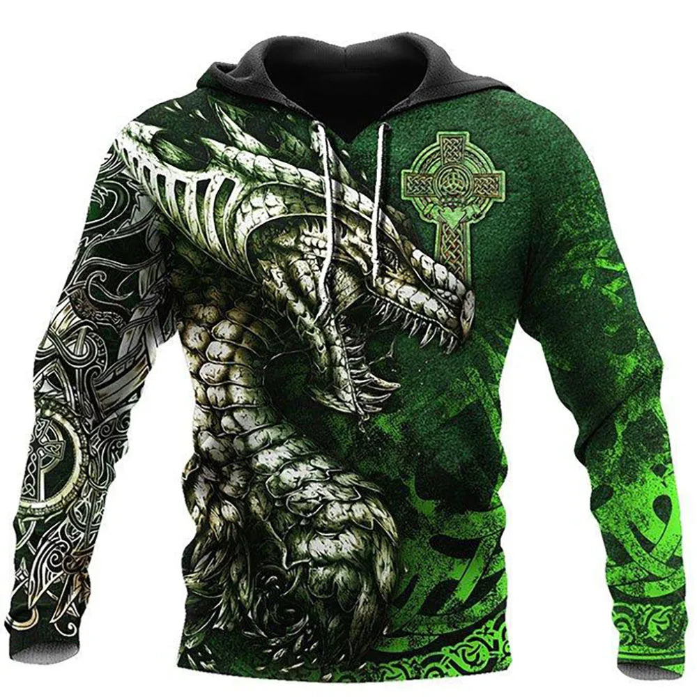 Herbst-Winter-Kapuzenpullover für Herren, langärmelig, mit 3D-Tattoo-Drachen-Print, Unisex-Streetwear-Sweatshirt, lässiger Trainingsanzug-Pullover