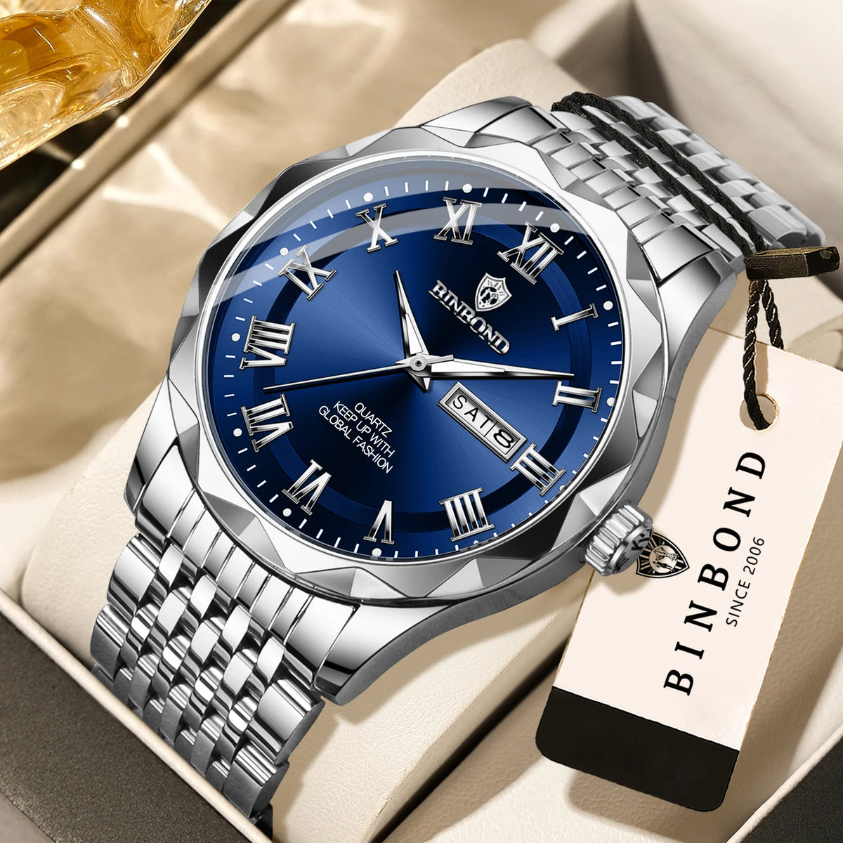 BINBOND Original Brand luxury quartz wristwatch for men, luminous, water-resistant, automatic date, day-of-the-week display, casual style.