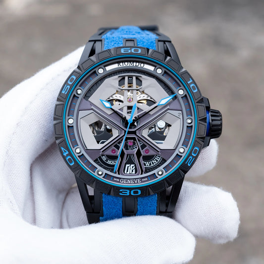 OBLVLO Men's Luxury Machinery Skeleton Mechanical Automatic Watches Analog Big Dial Blue Rubber Band Military Watch RD-909