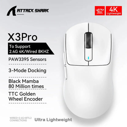 ATTACK SHARK X3/X3PRO 4K/8K bezdrôtová herná myš, 26K DPI, tri režimy pripojenia (káblové/2.4GHz/BT5.2), ľahká konštrukcia, senzor PAW3395 pre hráčov