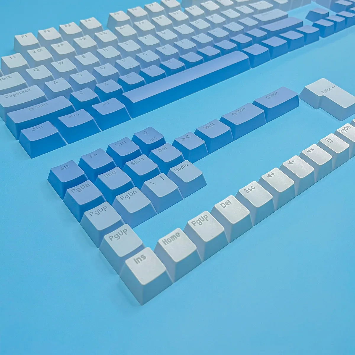 Teclas gamer RGB con retroiluminación degradada para teclado mecánico con interruptores MX, perfil OEM, PBT, blanco y azul, distribución ISO, teclas DIY