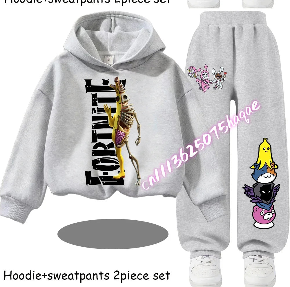 Fortnite-bedruckte Kinder-Hoodies, Cartoon-Design, bequemes 2-teiliges Set, locker sitzende Langarm-Oberteile mit Hose, Herbst-/Winterkleidung, Geschenk