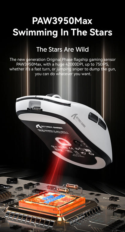 Mouse gaming Attack Shark R6 ultra leggero 38g, wireless PAW3950 con frequenza di polling 8K, Nordic 52840, 24000DPI, tri-mode