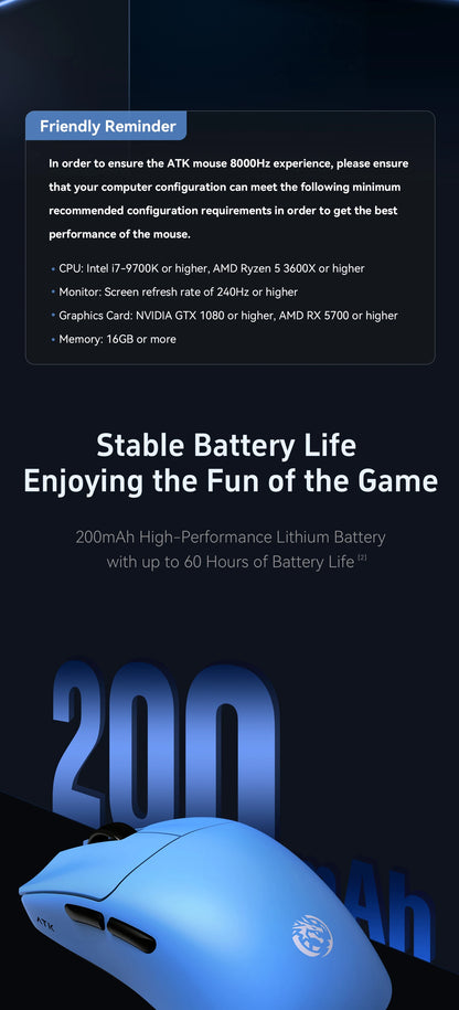 ATK BlazingSky F1 Extreme безжична геймърска мишка PAW3950 Ultra Dual-Mode 8000Hz 35g лека e-sports FPS мишка