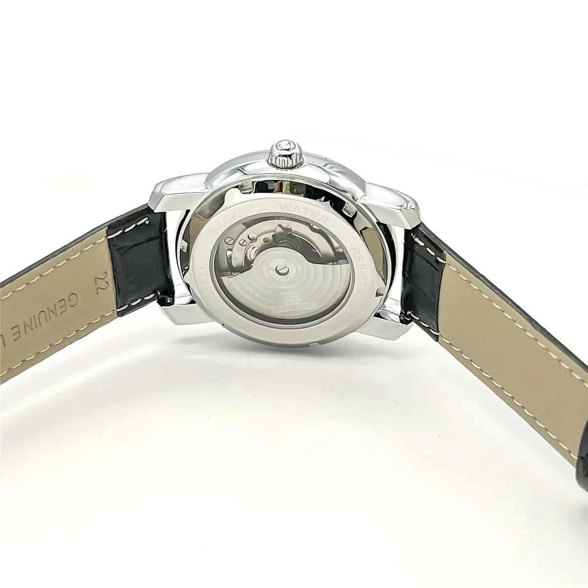 Men’s automatic mechanical watch – Elegant skeletonised design, trendy ‘business casual’ style, alloy case and leather strap, battery-free