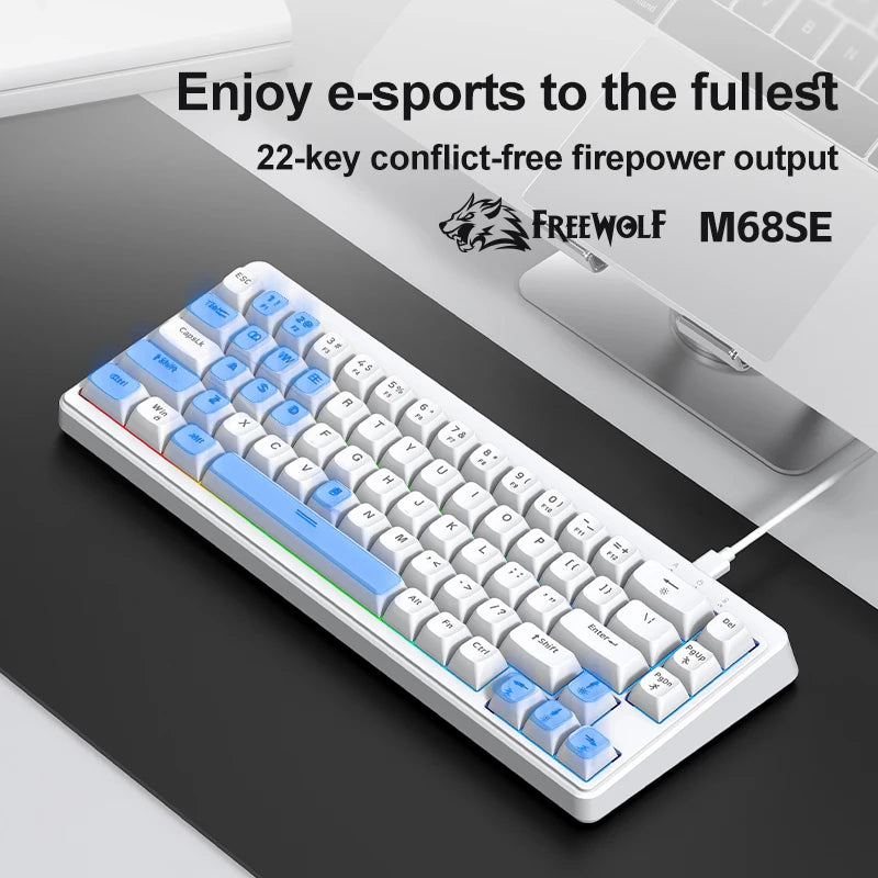 FREEWOLF M68SE 68 key wired mini keyboard, designed ergonomically, Dazzling lights And compatible with multiple systems